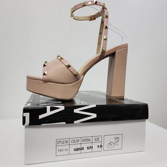 Nude Studded Platform Heeled Sandals 10 - Picture 9 of 9